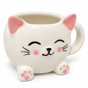 Cute White Ceramic Cat Mug Pink Ears Paws Kawaii Coffee Tea Cup